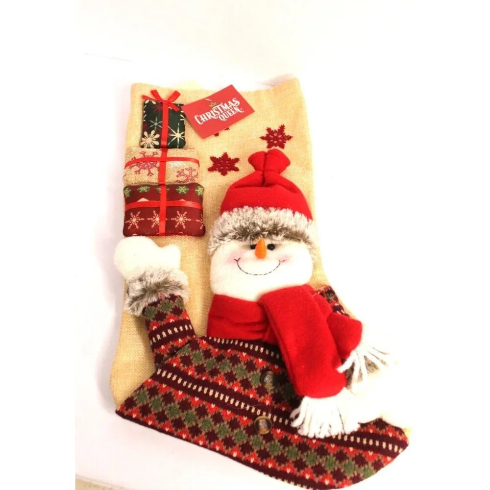 Christmas Queen Snowman 3D Stocking 18 inches Red Beige‎ Holiday Decor NWT